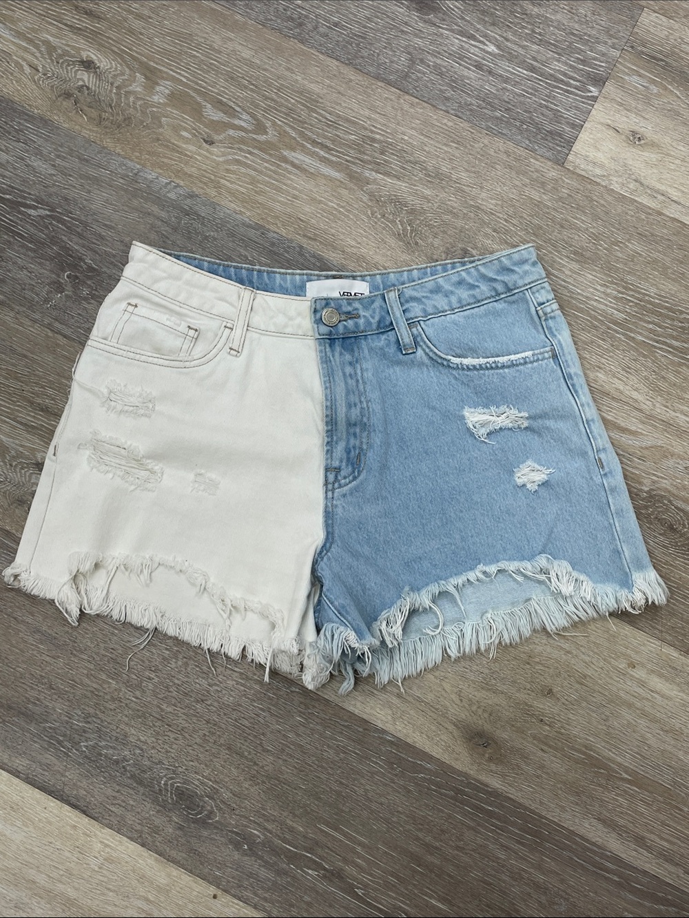 Vervet Los Angeles High Rise Shorts Color Block Blue White Raw Hem Size Medium